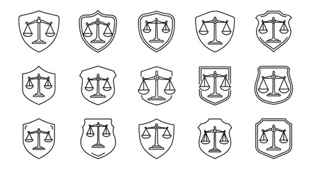 Collection of fifteen stylized outline icons featuring the Scales of Justice within various shield shapes, presented on a black background, ideal for graphic design, web development, app interfaces