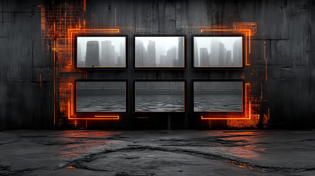 Futuristic digital display wall with glowing orange interface and six screens showing a sci-fi city skyline and water reflections.