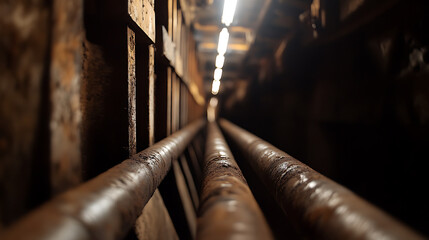 A gritty, low-angle shot highlights three parallel pipes disappearing into a dark, industrial tunnel, illuminated by distant lights, evoking a sense of mystery and age.