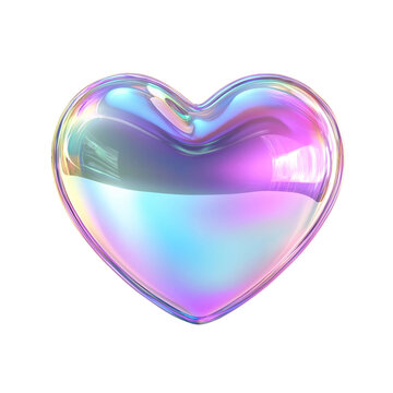 Glass heart icon with iridescent, colorful reflections, perfect for love, romance, Valentine&rsquo;s Day, or decorative designs. Isolated on white or transparent PNG for versatile creative and digital use.