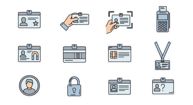 Collection of Employee ID Badge Related Line Icons with Editable Stroke, Perfect for Infographics, Articles, Books, Flyers, Banners, Vector Cartoon Illustrations, Featuring Security, Access, and