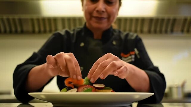 Chef expertly garnishes a colorful fruit salad with fresh herbs in a kitchen.