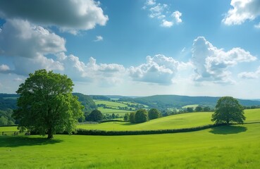 Lush green rolling hills with trees under a bright blue sky with fluffy clouds. This vibrant countryside vista shows UK farmland with hedgerows. Sunlight streams through the sky.