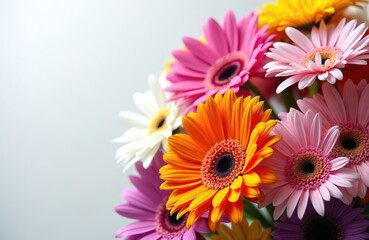 Fototapeta premium Close up shot presents vibrant gerbera flowers bouquet. Daisies of pink orange white yellow tones. Floral arrangement looks fresh and bright. Flowers design concept suits spring holiday greeting card.