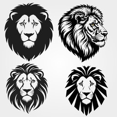 Set of four powerful black and white lion head illustrations.