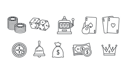 Collection of line art gambling icons, including casino chips, dice, slot machine, playing cards, roulette wheel, jackpot bell, money bag, cash, and crown, presented in a clean, modern outline style