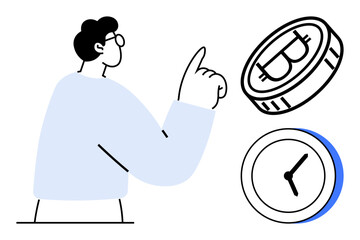 Male figure pointing upward with clock and Bitcoin icon. Ideal for blockchain, cryptocurrency, technology, time management, investment, financial planning, innovation themes. Simple flat metaphor