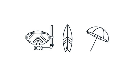 Collection of outline vector icons representing summer beach and water activities, including a diving mask with snorkel, a surfboard, and a beach umbrella, perfect for graphic and web design, app