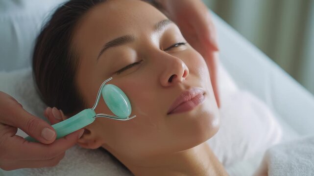 Woman receiving facial treatment with jade roller, showcasing relaxation and skincare process, camera follows the action with smooth movement