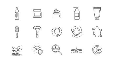 A collection of minimalistic linear pictograms representing skincare products and concepts, including serum bottles, jars, creams, lotions, face rollers, brushes, SPF protection, natural ingredients