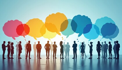 Diverse group of people silhouettes engaged in discussion with colorful speech bubbles above heads. Represents communication, ideas, teamwork and networking in business.