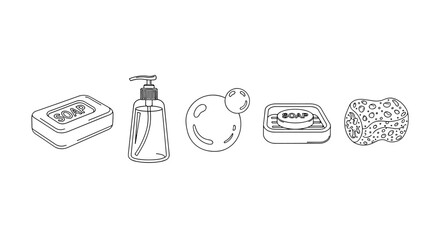 Minimalistic thin outline icons of soap bar, liquid soap dispenser, bubbles, and sponge on a black background, perfect for web design, graphic design, apps, banners, social networks, cards, and