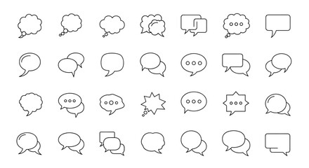 A comprehensive collection of minimalistic linear speech bubble icons, perfect for web and graphic design, apps, banners, social networks, and cards, presented as vector cartoon elements for