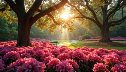 Sun shines through large oak trees onto a vibrant pink azalea garden path and bench. Lush green grass surrounds blooming flowers in a peaceful park setting.