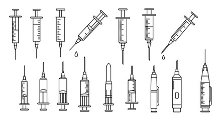 Collection of simple linear outline syringes and needles, editable stroke, perfect for websites, books, cards, apps, vector cartoon illustration, medical, healthcare, science, and research themes