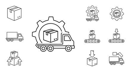 Thin line icon set representing logistics and delivery services, featuring a truck with a box inside a gear, individual boxes, and robotic arms handling packages, all on a clean white background