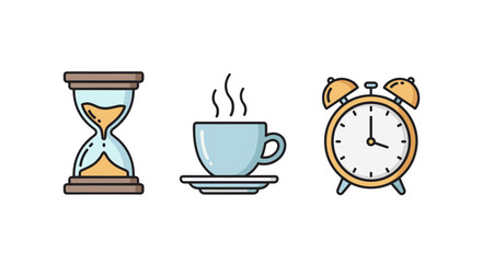 A trio of simple linear illustrations on a black background, featuring an hourglass symbolizing time passing, a steaming cup of coffee representing a break, and an alarm clock indicating punctuality