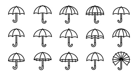 Set of 16 outline umbrella icons, parasol, bumbershoot, sign for graphics, designs, books, adverts, apps, vector cartoon illustration on a white background, ordered in a grid for easy use and visual