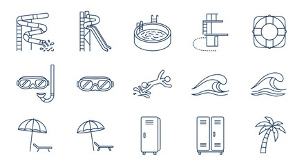 Collection of thin line icons representing water park and aquapark elements, including water slides, swimming pool, diving board, lifebuoy, snorkel, goggles, waves, beach umbrella, sun lounger