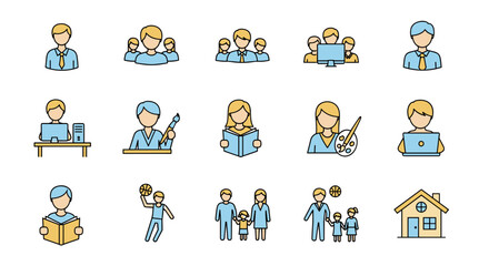 Vibrant and diverse set of outline icons representing various user-related activities and concepts, including professional staff, group dynamics, individual work, creative hobbies, family structures