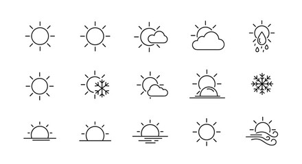Collection of simple linear outline icons representing various weather conditions and natural phenomena, including sun, clouds, rain, snow, sunrise, sunset, and wind, perfect for digital and print