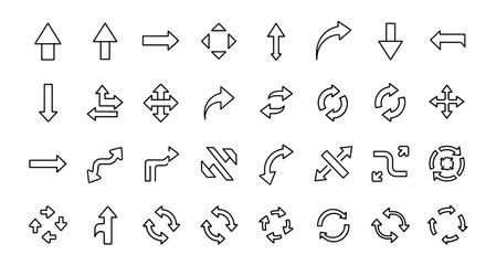 Diverse collection of outline arrow icons, perfect for graphic and web design, apps, advertisements, and various cards. This vector cartoon illustration features a white background, offering