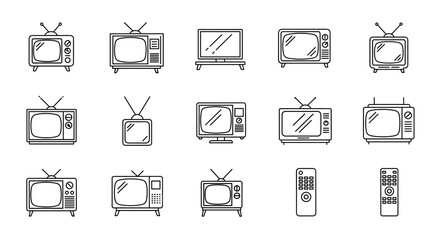 Minimalistic linear icon set of televisions, editable stroke, featuring various television designs from retro to modern, perfect for digital interfaces, app design, website banners, social media