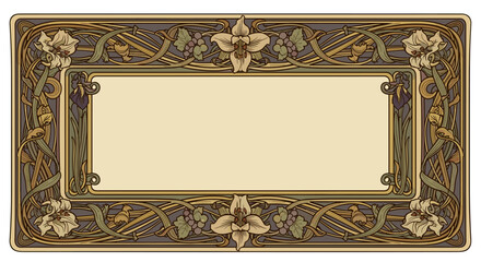 Art Nouveau Decorative Frame with Flowing Botanical Lines, Curved Vines, and Ornamental Leaves - Elegant Rectangular Design for Borders and Invitations, Vintage Floral Ornament with Iris and Lily