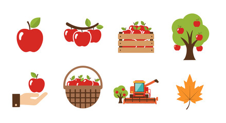 Vibrant flat icon set showcasing the apple orchard harvest during autumn, featuring individual apples, apples on branches, a wooden crate full of apples, a mature apple tree laden with fruit, a hand