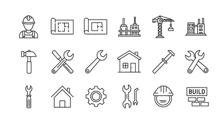 Construction thin line icons set featuring builder, design elements, crane, tools, house, and repair symbols, representing building and industry concepts with editable strokes and ordered line art