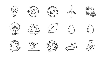 Eco symbols, energy, sustainability, wind, solar, recycling, nature icons. Ordered line icon set on white background. A collection of clean, modern, and minimalist vector graphics representing