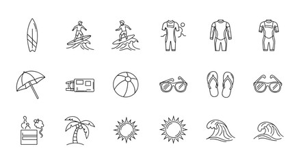 Collection of thin line icons representing surfing and beach activities, including a surfboard, surfers riding waves, wetsuits, beach umbrella, caravan, beach ball, sunglasses, flip-flops, palm tree