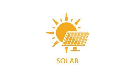 Bright yellow sun and solar panel illustration on a black background, symbolizing clean energy and sustainability. This graphic represents renewable power sources, environmental consciousness, and