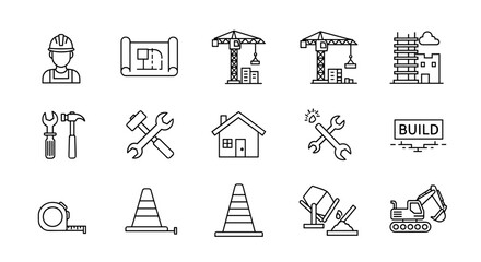 Construction thin line icons set featuring a builder, blueprint, cranes, tools, house, repair elements, and a concrete mixer, symbolizing the building industry and renovation processes with editable