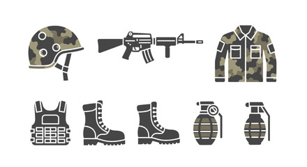 Flat design icons of military combat gear, including a camouflage helmet, assault rifle, uniform jacket, tactical vest, combat boots, and grenades, presented in a clean, solid, and filled style on a