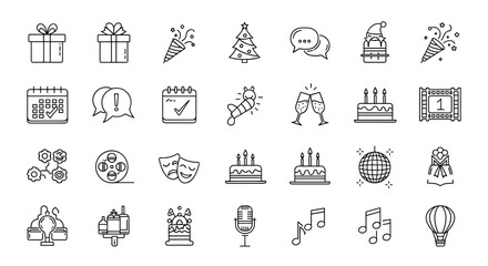 A collection of 30 white line-art icons on a black background, representing various event planning and celebration elements, including gifts, party poppers, Christmas trees, chat bubbles, calendars