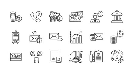 Set of business and finance line icons, including money, coins, bank, phone, mail, charts, and briefcase, perfect for web design, infographics, and presentations, representing financial concepts and