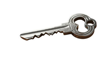 Close-up of a single, metallic silver key with a serrated edge and a decorative bow, isolated on a stark black background, symbolizing access, security, and solutions.