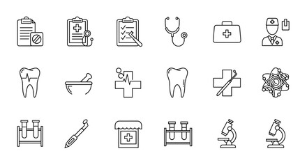 Collection of medical and healthcare web icons in line style, including medicine, check-up, doctor, dentistry, pharmacy, lab, and scientific discovery elements, representing a comprehensive set for