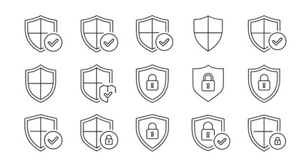 Set of security shield icons, featuring logotypes with check marks and padlocks, representing security shield symbols and concepts. This vector illustration showcases ordered line icons for digital
