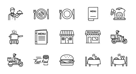 Restaurant icon set, a collection of minimalist line art symbols representing various aspects of the food service industry, including a server, a plated meal, cooking, a menu, restaurant storefronts
