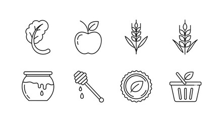 A collection of clean, minimalist line icons representing organic food and natural products, featuring a leafy green, a ripe apple, wheat stalks, a jar of honey with a dipper, a circular emblem with