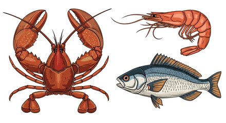 Vibrant illustration of a red lobster, a pink shrimp, and a blue-scaled fish, presented as a collection of seafood artwork suitable for t-shirt prints, posters, stickers, and various other design