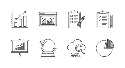 Statistics icon set featuring data visualization, web analytics dashboard, survey checklist with pencil, document with notes, presentation slide with graph, crystal ball for prediction, cloud