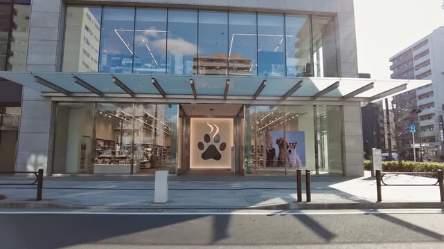 Modern storefront with large glass windows showcasing pet products, camera pans right revealing vibrant displays and inviting entrance
