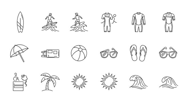 Collection of thin line icons representing surfing and beach activities, including a surfboard, surfers riding waves, wetsuits, beach umbrella, caravan, beach ball, sunglasses, flip-flops, palm tree