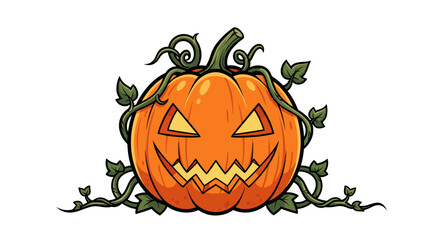 A vibrant and spooky cartoon illustration of a classic jack-o'-lantern pumpkin with a carved, grinning face and glowing triangular eyes, entwined with twisting green vines and leaves, set against a