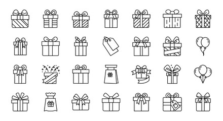 Collection of simple isolated line icons representing gifts and presents, featuring editable strokes, suitable for web, books, cards, and apps, presented as vector cartoon illustrations with a white