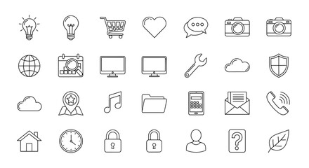 A comprehensive collection of outline line icons, perfect for graphic and web design, app development, and various advertising materials. This vector cartoon illustration features a clean, ordered