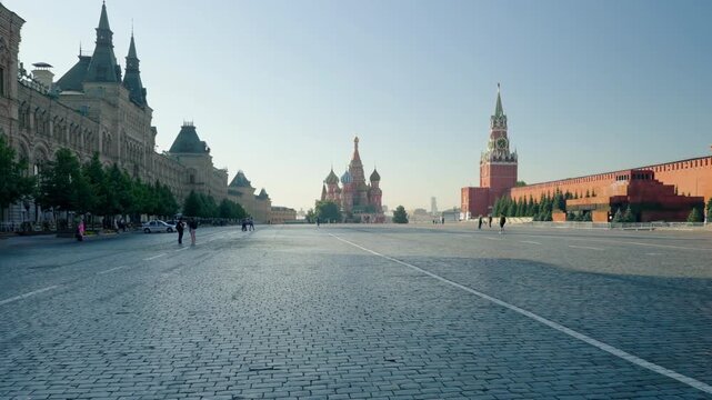 Red Square in Moscow. St. Basils Cathedral, Spasskaya Tower and the mausoleum, Russia